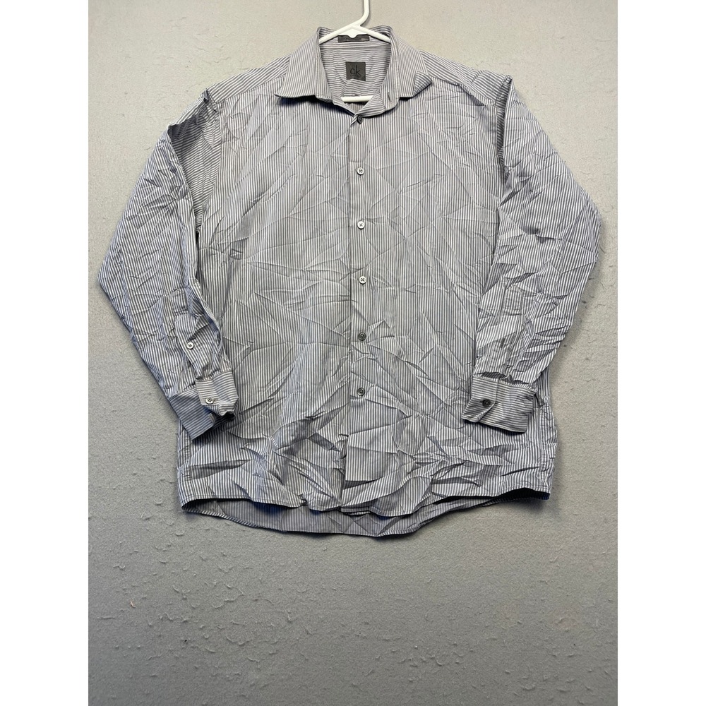 Calvin Klein Shirt 100% Cotton Grey Striped Size 16 32/33 Large Mens